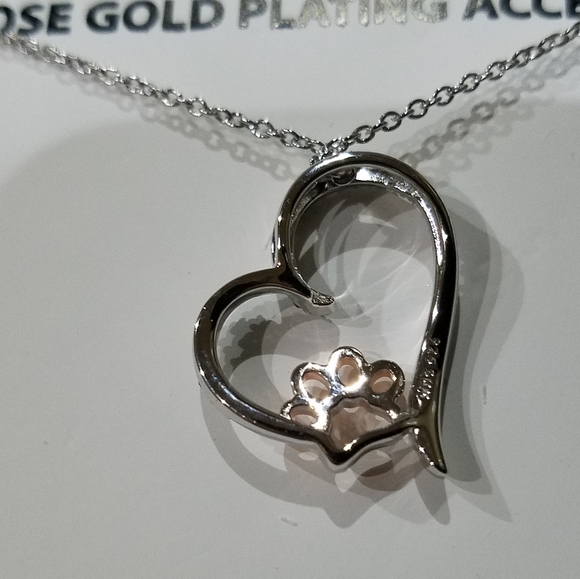 Sterling Silver Necklace Diamond Encrusted Heart & 14k Rose Gold Paw Pendant NWT - Picture 4 of 16